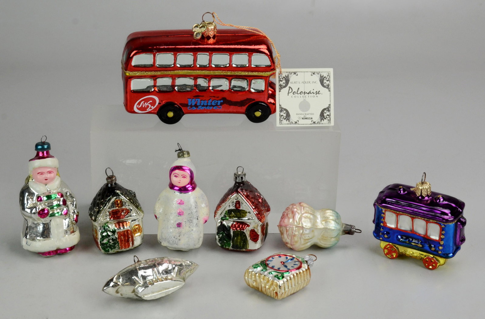 (9) glass Christmas ornaments, clock, 2 houses, rose,: (9) glass Christmas ornaments, clock, 2 houses, rose, submarine, 2 snowbabies, 2 newer buses, tallest 3 1/4"