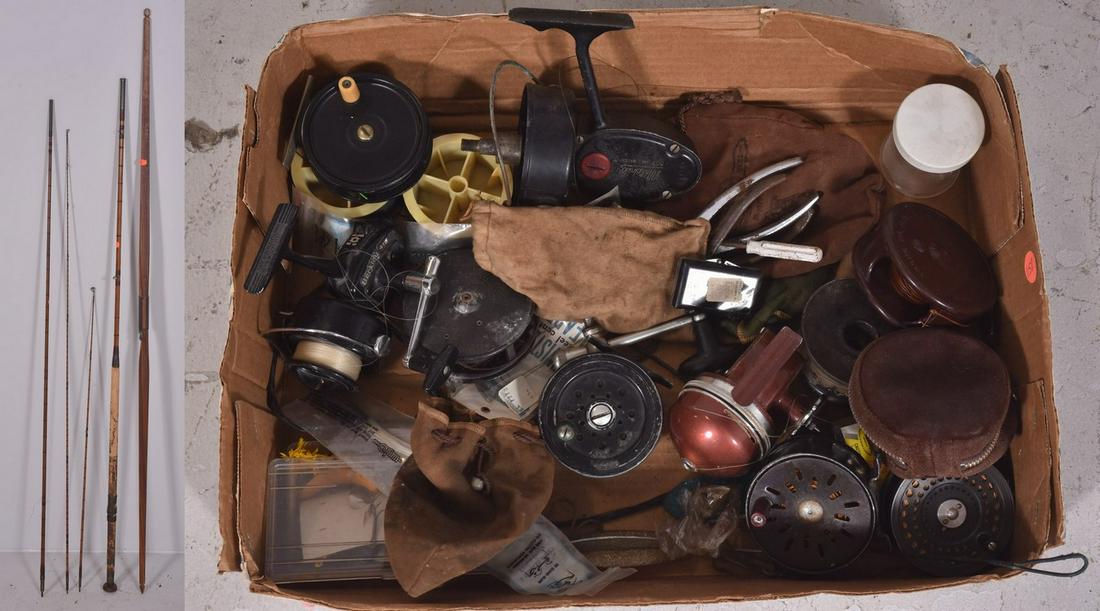 (5) fly fishing reels, Orvis, Ocean City #35, Oreno: (5) fly fishing reels, Orvis, Ocean City #35, Oreno 1150-A, Laurentian, one unmarked, JW Young & Sons England, with 3 section fly rod with extra tip, rod marked C. Farlow & Co 191 Strand, London, misc