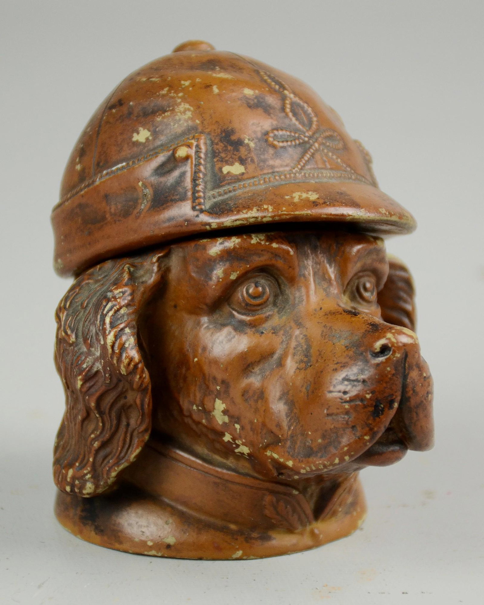 German Earthenware dog head match safe: German Earthenware dog head match safe, with striker on bottom, signed FCW/1503, brown glaze with some wear to surface, 3-1/2"h