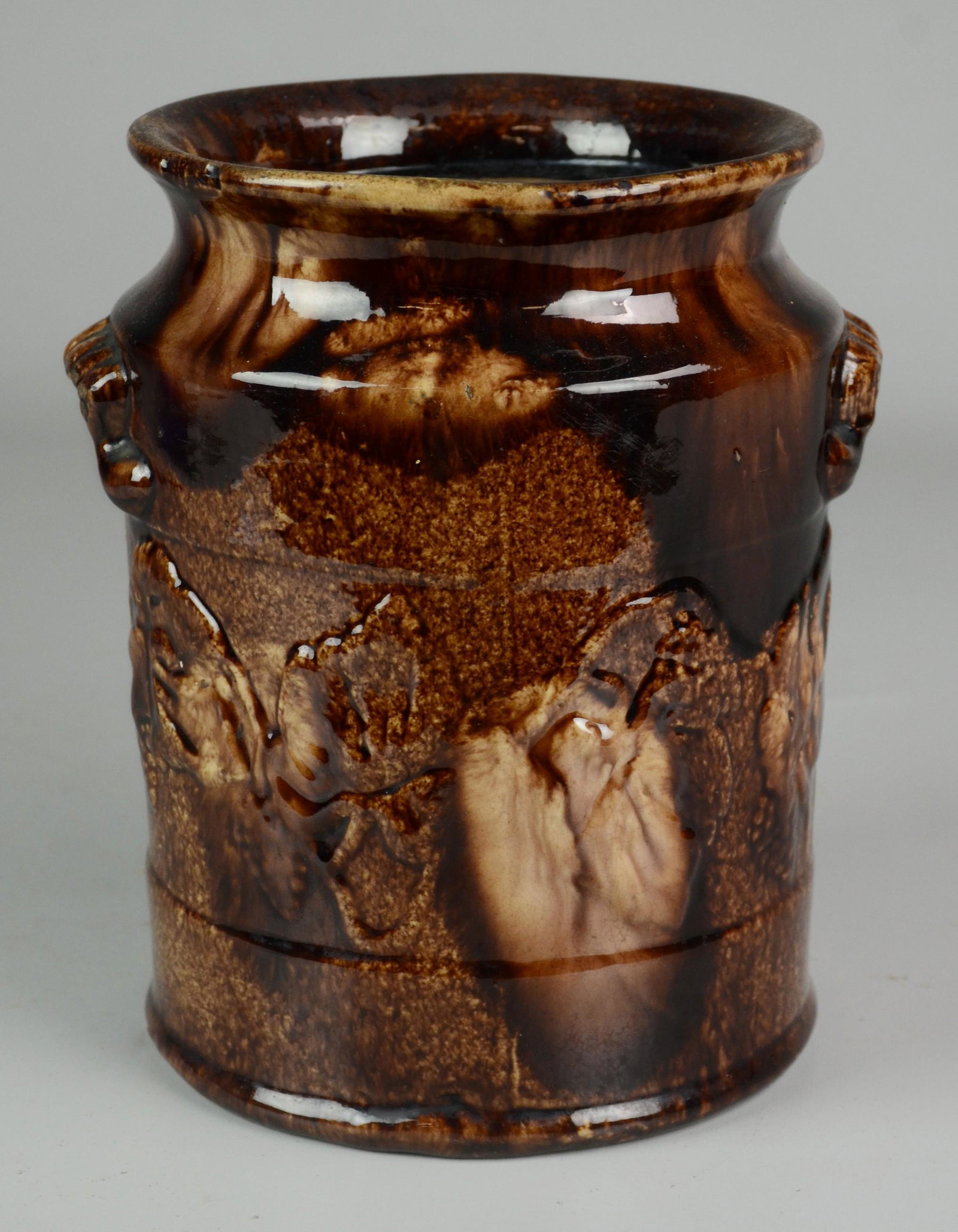 Rare Lancaster County PA Earthenware Jar: Rare Lancaster County PA earthenware jar, molded grapevine design, brown drip glaze, c 1870, 8-1/2" h