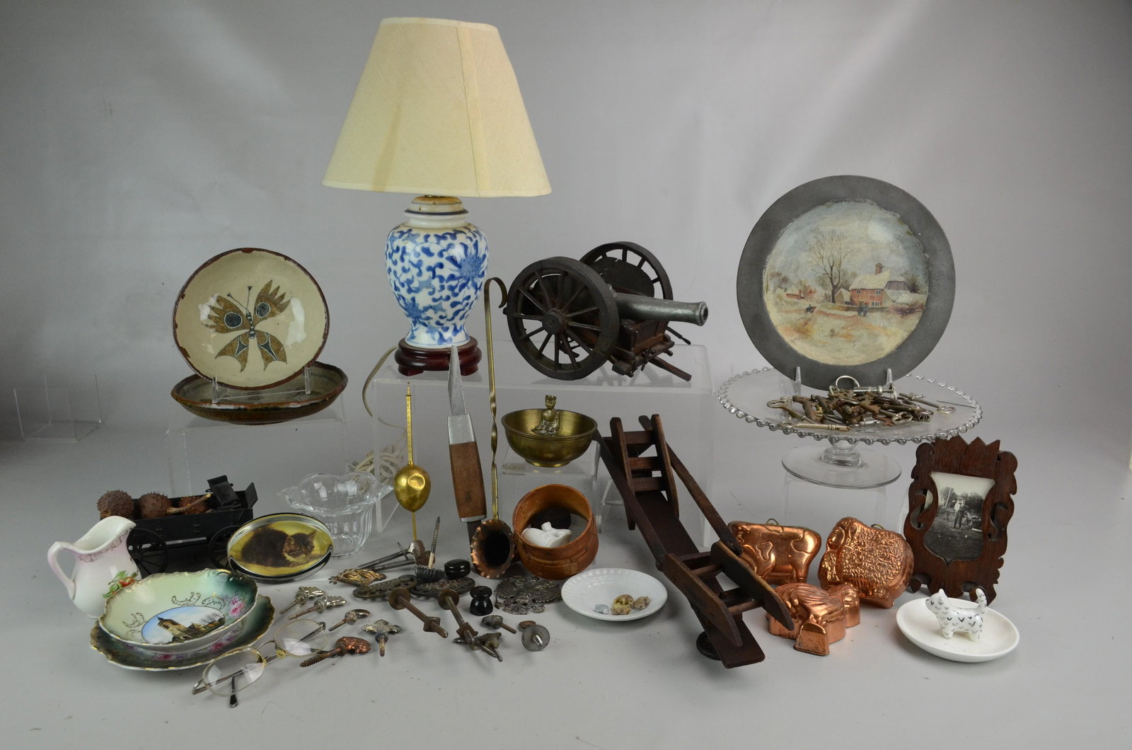 Lot of glass, ceramics, toys, keys: Lot of glass, ceramics, toys, keys, mirror hardware, copper molds