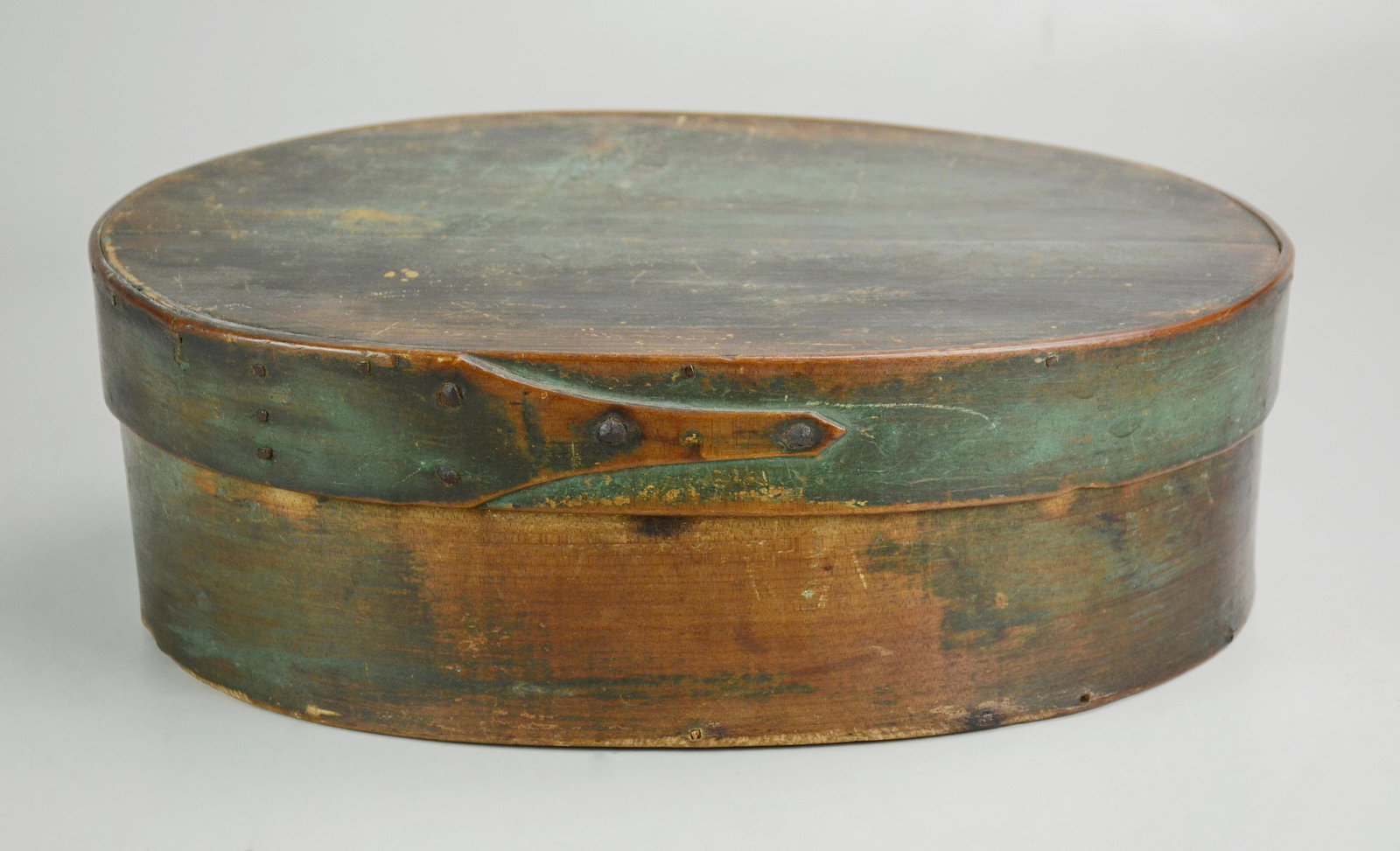 Oval spruce/pine 2 finger pantry box, original blue: Oval spruce/pine 2 finger pantry box in original blue paint, 13 1/2" l, 9 1/2" w, 5 "h