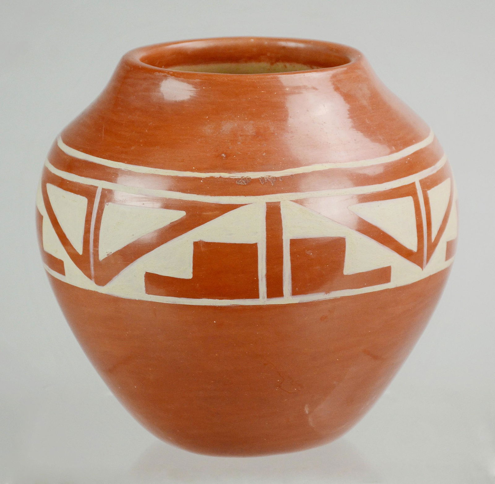 Josephine Vigil, d 2001, San Ildefonso pottery jar, 6": Josephine Vigil, d 2001, San Ildefonso Pueblo, brown glazed pottery jar with geometric band, 6" d, 6" h