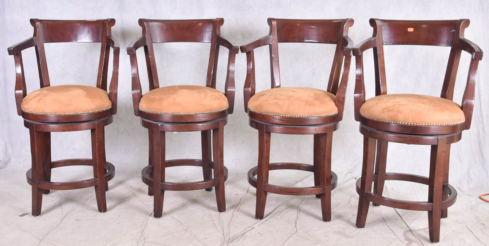 (4) Guy Chaddock & Co Country English barstools: (4) Guy Chaddock & Co Country English swivel barstools, finish French walnut, 38" h, seat height 23" h