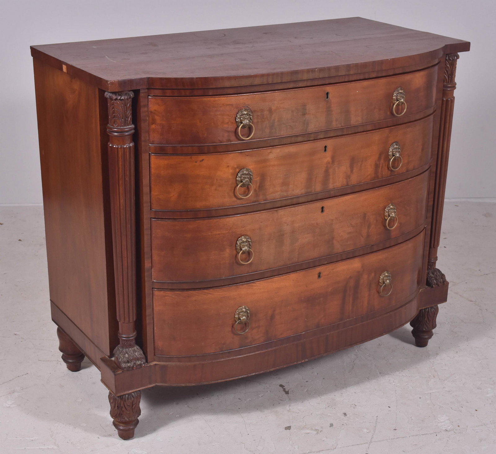 Federal bowfront bureau, attrib to Joseph B. Barry: Federal mahogany bowfront bureau, Attributed to Joseph B. Barry (1757–1838), Philadelphia. 4 beaded edge bowfront drawers with original lion head and ring pulls, flanked by reeded columns with acant