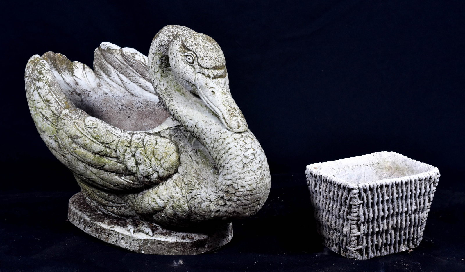 Cement swan flower pot, cement woven basket: Cement swan flower pot, along with cement woven basket flower pot by Flat Earth Designs, largest 17" h x 23" w