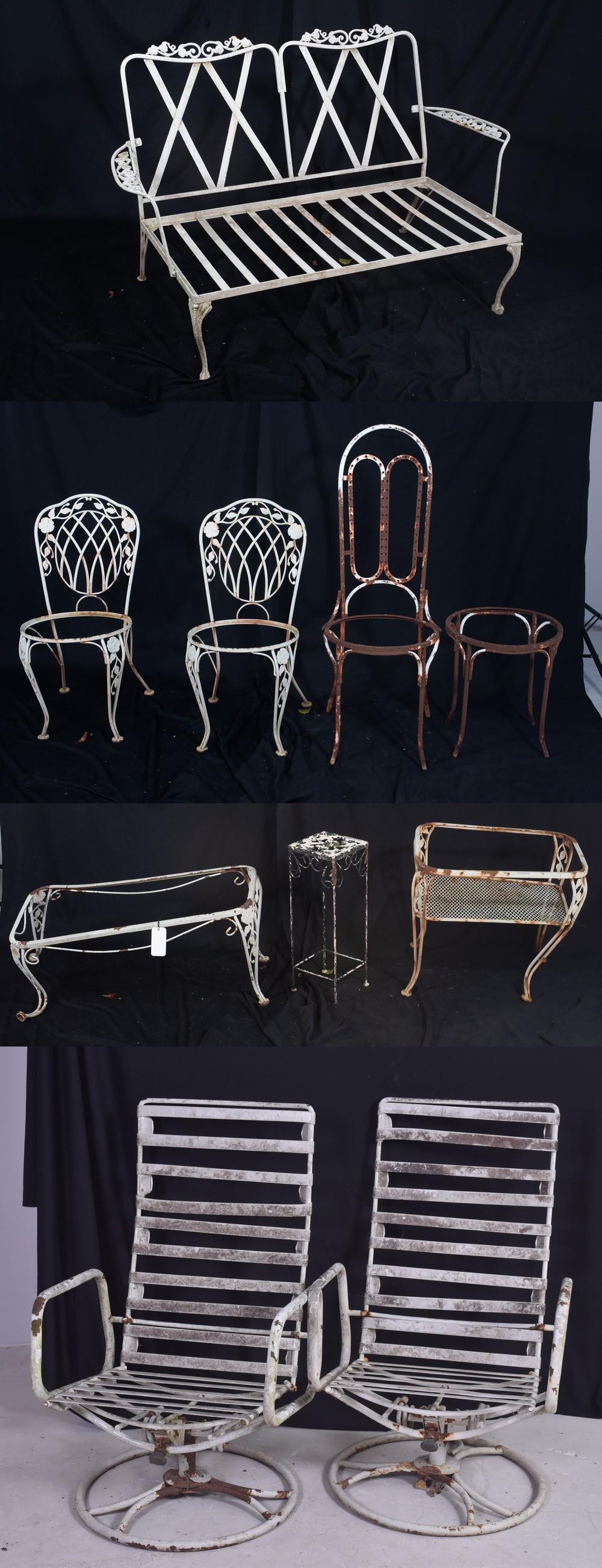 (10) Miscellaneous pcs of patio furniture: (10) Miscellaneous pcs of patio furniture, c/o 2 person bench, 3 bistro chairs, 2 rocking chairs, side table without glass, plant stand, coffee table, side table, largest 33-1/2" h x 52-1/2" w, some p