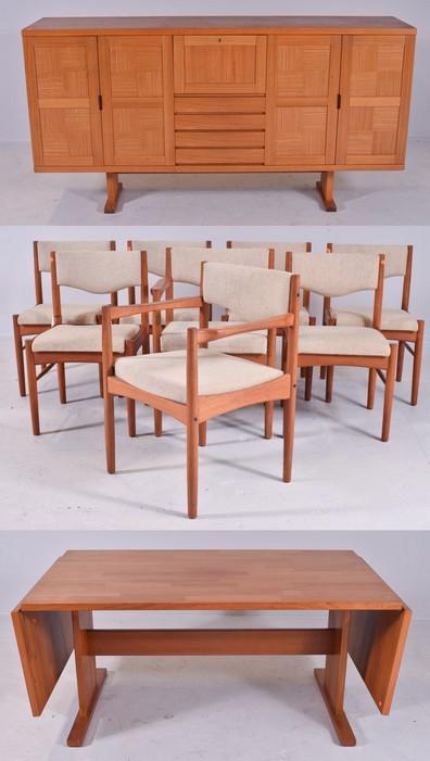 (10) pc Danish Modern dining set: (10) pc Danish Modern dining set, c/o 8 oatmeal upholstered chairs, trestle base dining table with two 19-3/4" w boards, sideboard with drawers flanked by doors, table 29" h x 64" w x 39-1/2" d
