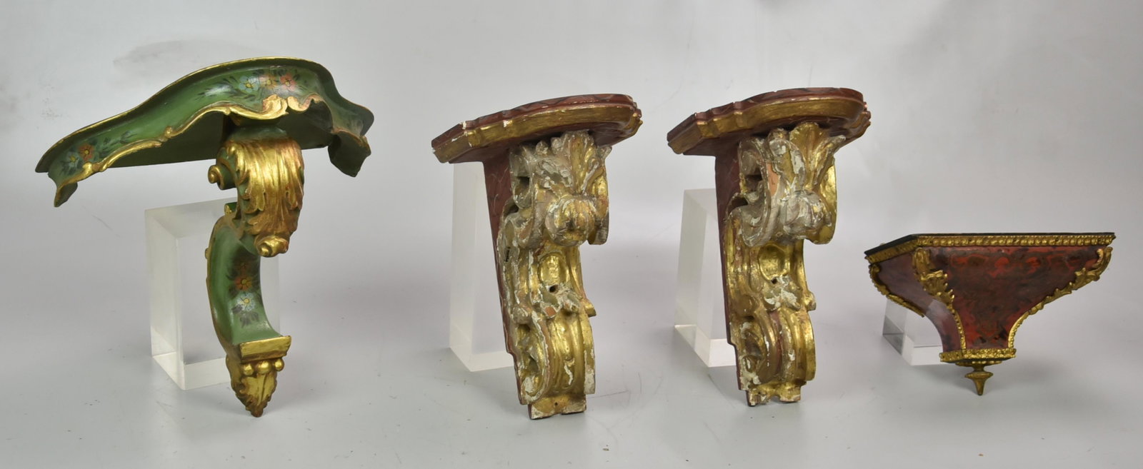 (4) 19th C. Wall Brackets: A collection of polychrome wall brackets, 19th century, c/o a pair of polychrome and gilt wood corbel brackets, a green-painted and polychrome decorated bracket, and a boulle marquetry bracket. (4). H