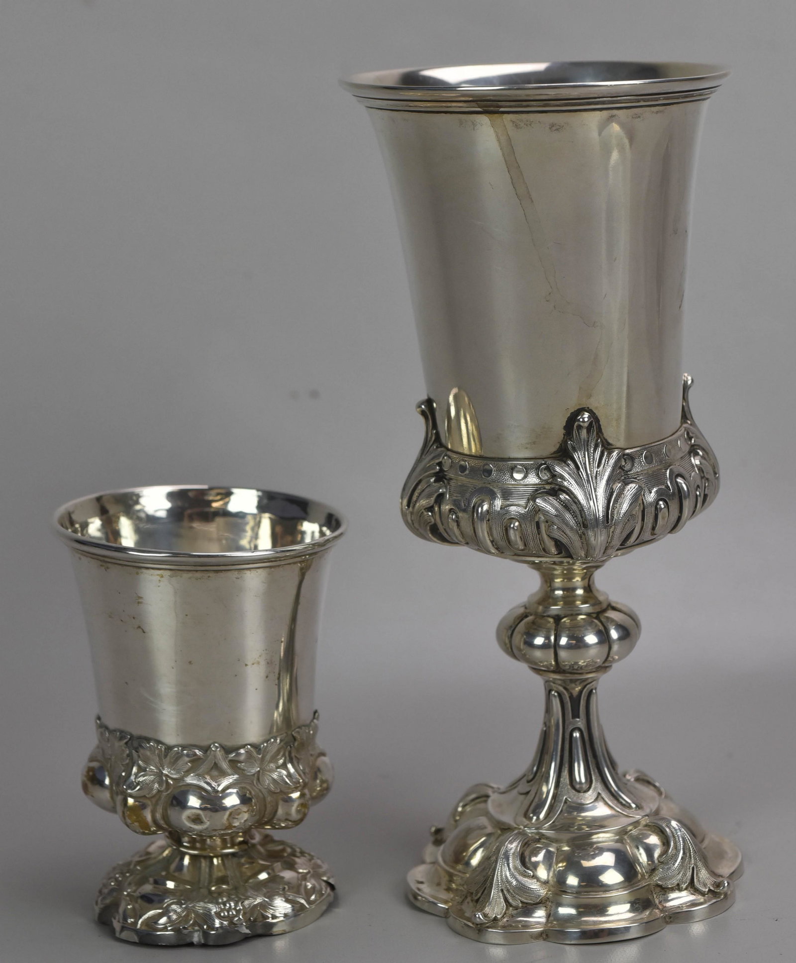 (2) Continental Silver Goblets: (2) Continental silver goblets, c/o Austro-Hungarian with embossed grapes marked 800, unmarked Continental silver chalice on repousse base, tallest 7-7/8", 9.325 TO
