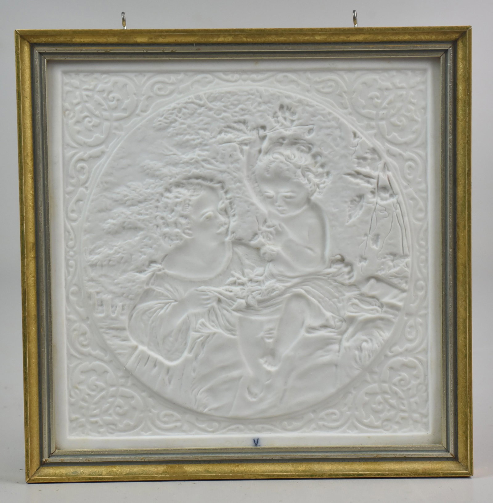 Meissen Children Lithophane: Meissen porcelain lithophane, young girl & baby in garden, mark to lower front, in gold & silver painted wood frame, plaque 7-3/8" sq, 8-1/4" sq overall