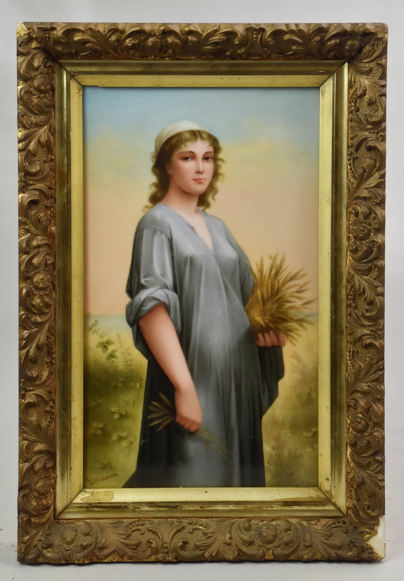 Hand Painted KPM Porcelain Plaque "Ruth": Hand painted porcelain plaque "Ruth, signed Ullmann lower left, impressed KPM mark on back, plaque 10-3/4" x 6-1/2", 13-1/2" x 9-1/4" overall, plaque in excellent condition, small gesso damage on fram