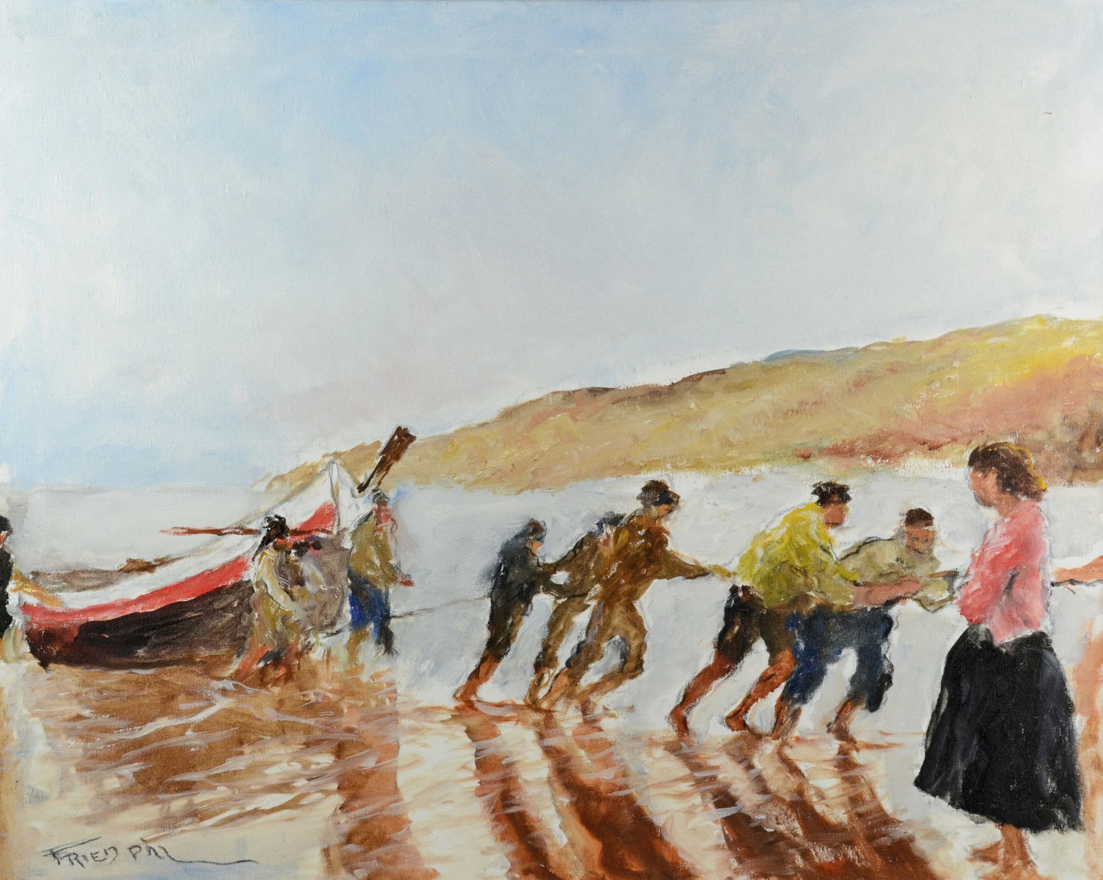 Pal Fried Painting "Pulling Ashore": Pal Fried (Hungarian, 1893-1976) painting "Pulling Ashore", oil on canvas, signed "Fried Pal", 24" x 30", framed 26-1/4" x 32-1/4", excellent condition