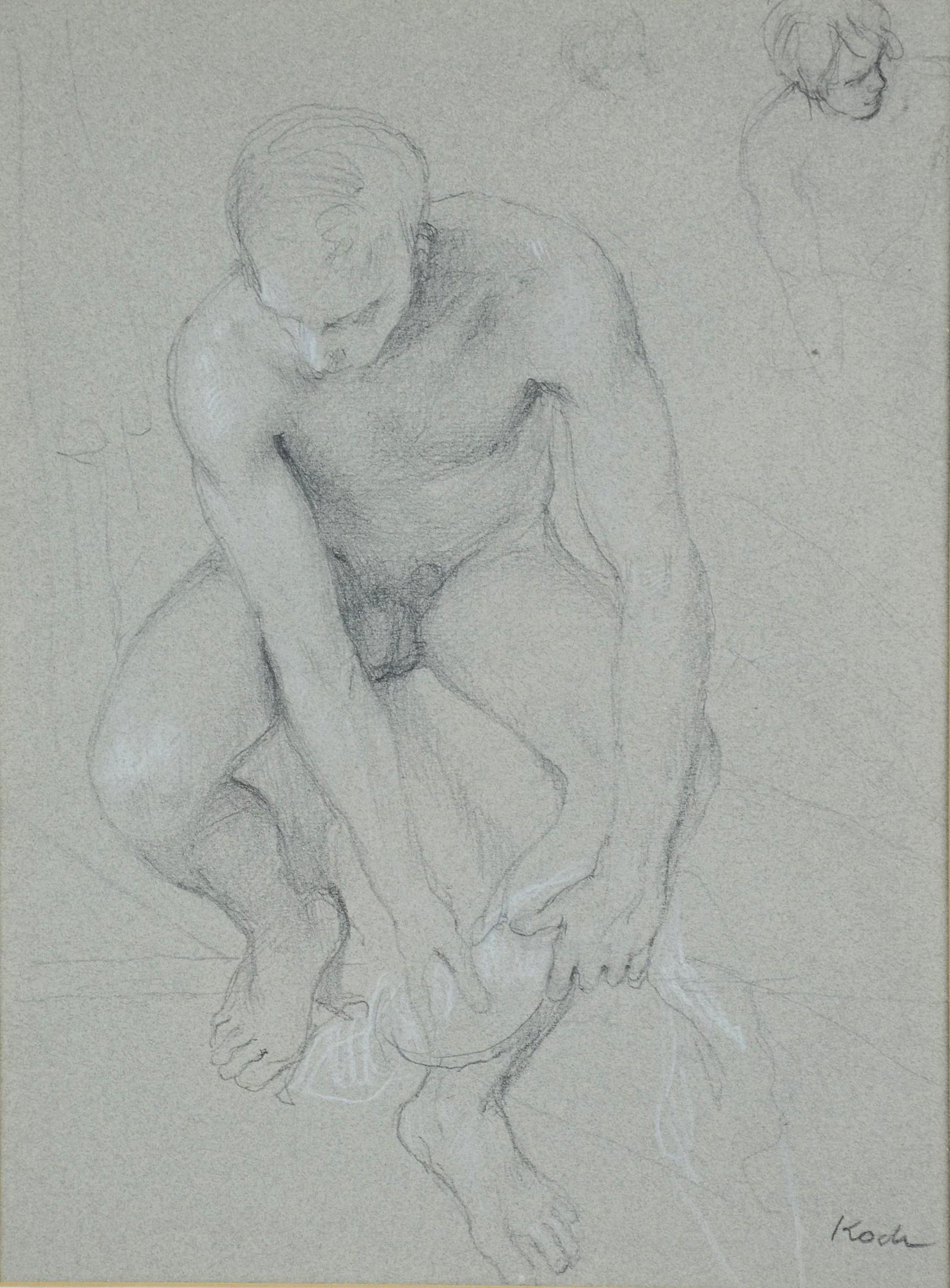 John Koch Drawing Male Nude "The Bath": John Koch (American, 1909-1978) drawing of male nude, "The Bath", pencil and white chalk on paper, signed "Koch", label on back from Kraushaar Galleries NY, 12" x 9" sheet, framed 22-1/2" x 18-1/2", v
