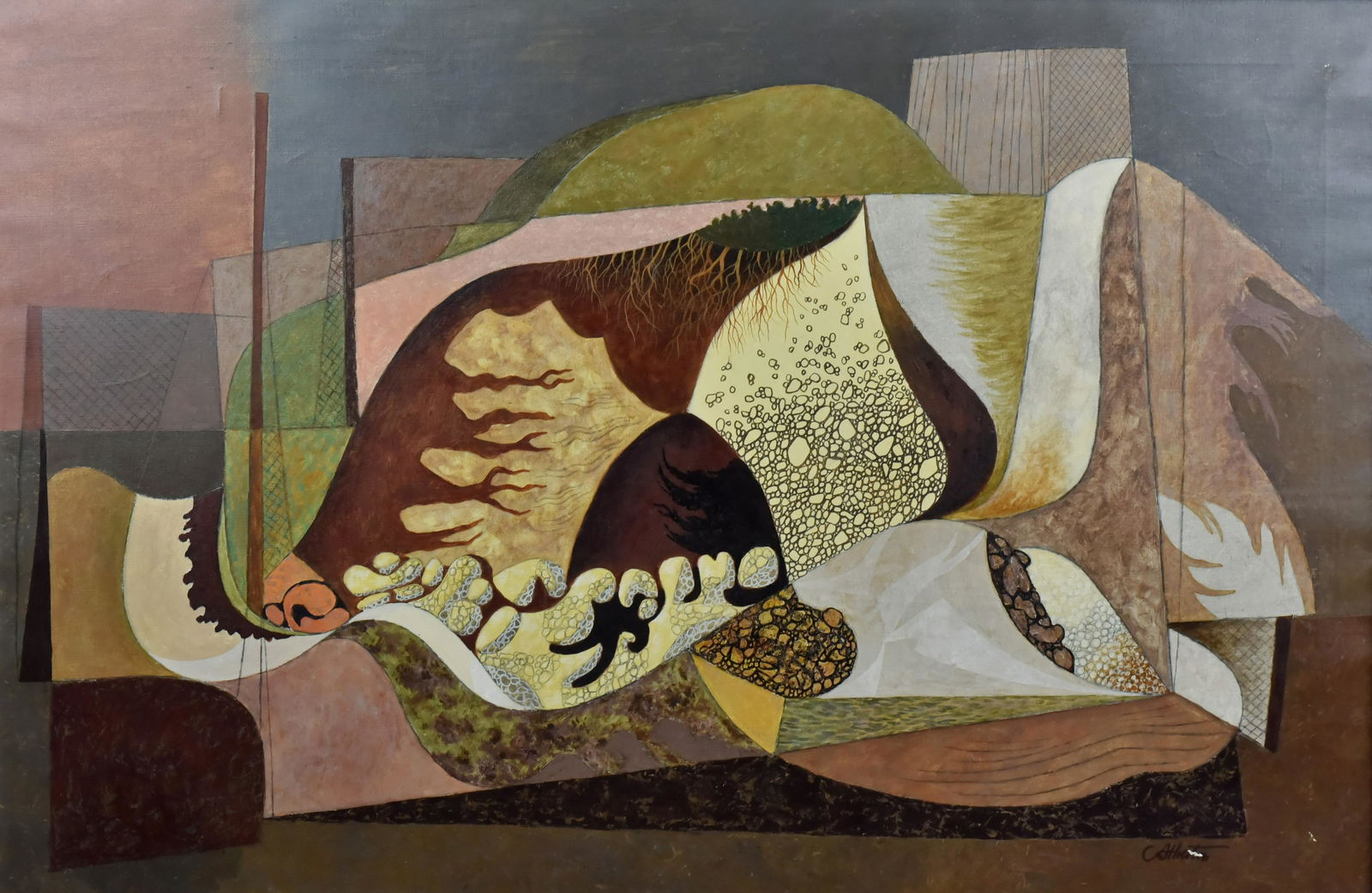 John Atherton Surrealist "Quarry Abstraction": John Atherton (American, 1900-1952) surrealist painting "Quarry Abstraction", oil on canvas, signed "Atherton", 21" x 52", framed 27" x 38", provenance: private collection, Sotheby's 11/30/2000, good