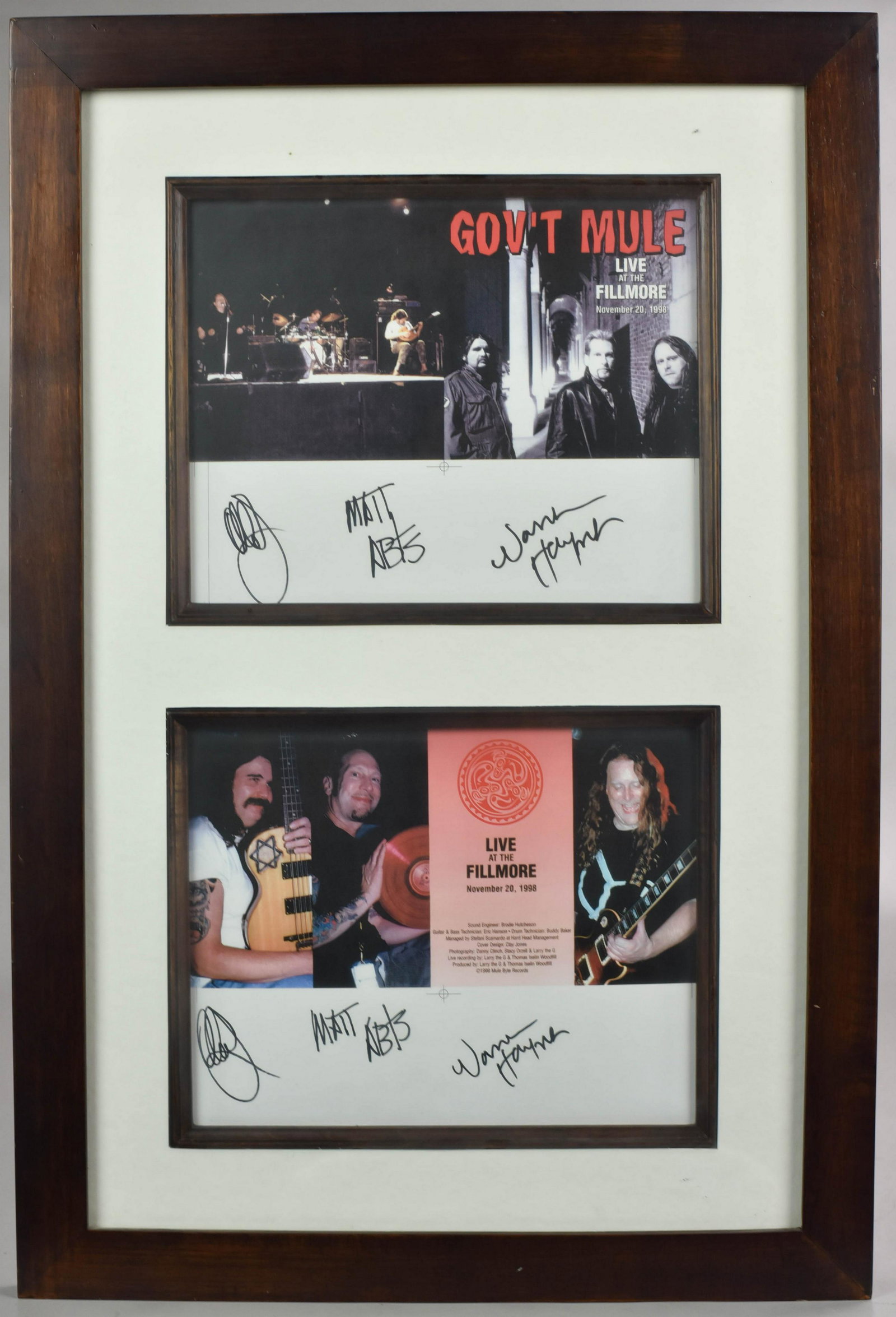(2) Photographs Government Mule Both Signed by Members: (2) Photographs Government Mule Both Signed by Members: Warren Haynes, Matt Abts, Jorgen Carlsson, Both Advertising Live at the Fillmore - Nov 20, 1988 (Framed 24-1/4" l x 16-1/4" w, Both Images are 8