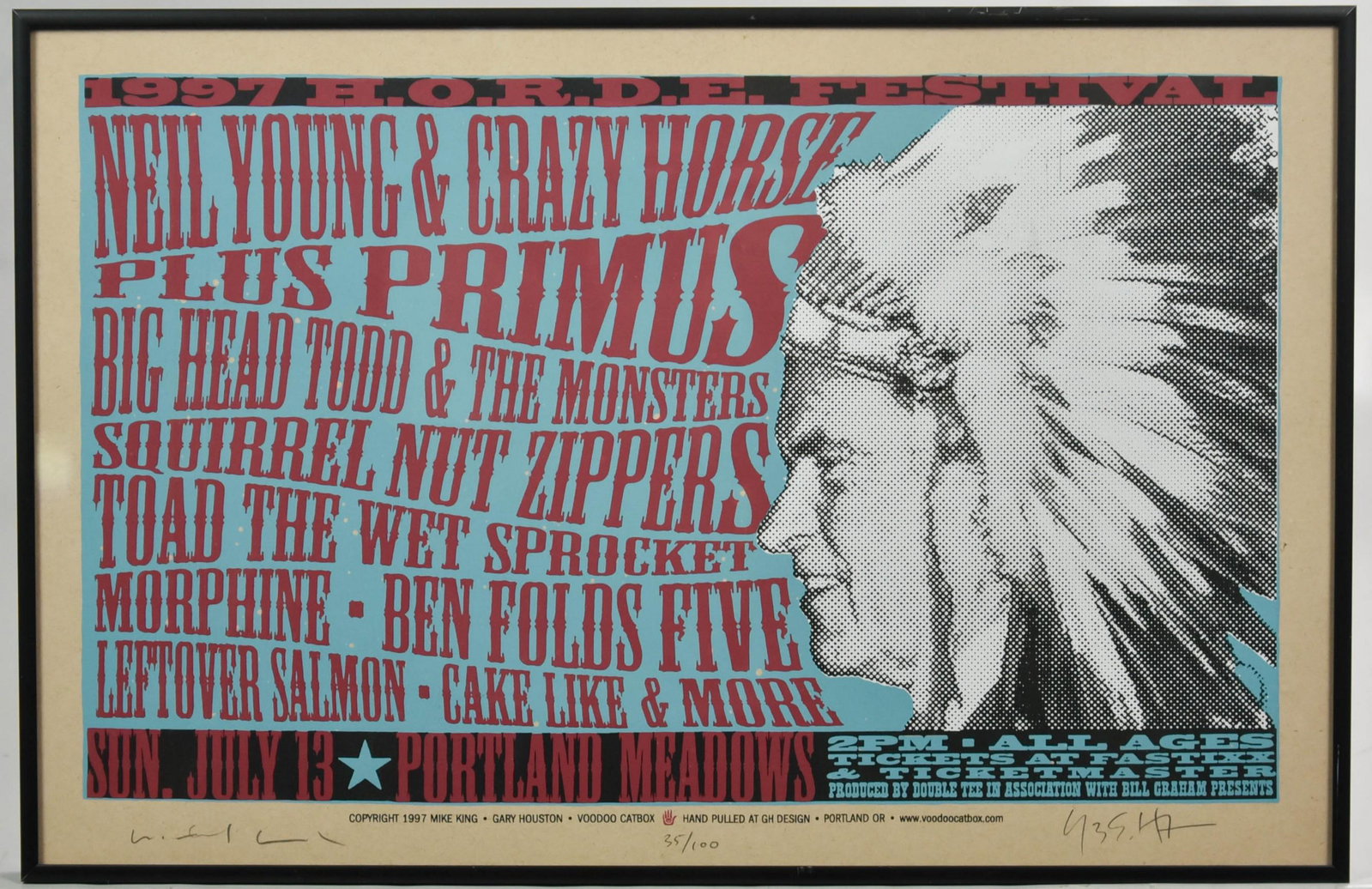 1997 HORDE FESTIVAL Signed by Mike King: 1997 HORDE FESTIVAL Numbered 35/100, Signed by Mike King, Portland Meadows, OR Bill Graham Productions (Framed 20-1/4" l x 13-1/4"), (2) Artist Signatures ???, The item(s) contained in this lot repres
