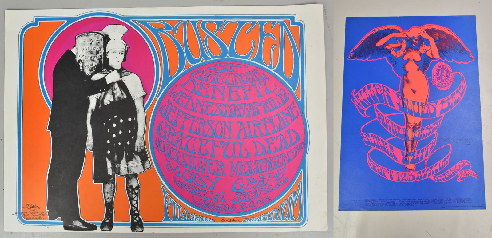 (2) 1967 Stanley Mouse Signed Posters: (2) 1967 Stanley Mouse Signed Posters Including: Fillmore Busted San Francisco Mine Troup Benefit Poster Jefferson Airplane, Grateful Dead, Moby Grape (20" l x 14" w) and Miller Blues Band, Mother Ear