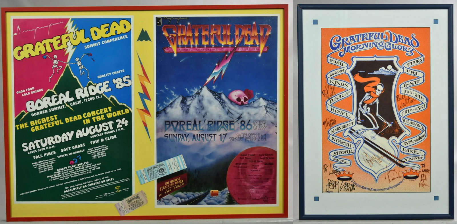 (2) Framed Grateful Dead Posters & Tickets: (2) Framed 1985, 1986 Grateful Dead Summit Conference Posters with Ticket Stubs (Framed 30-1/4" l x 22-1/2" w), Framed 1968 Grateful Dead Morning Glory Concert Poster Signed By Jerry Garcia, Bob Weir,