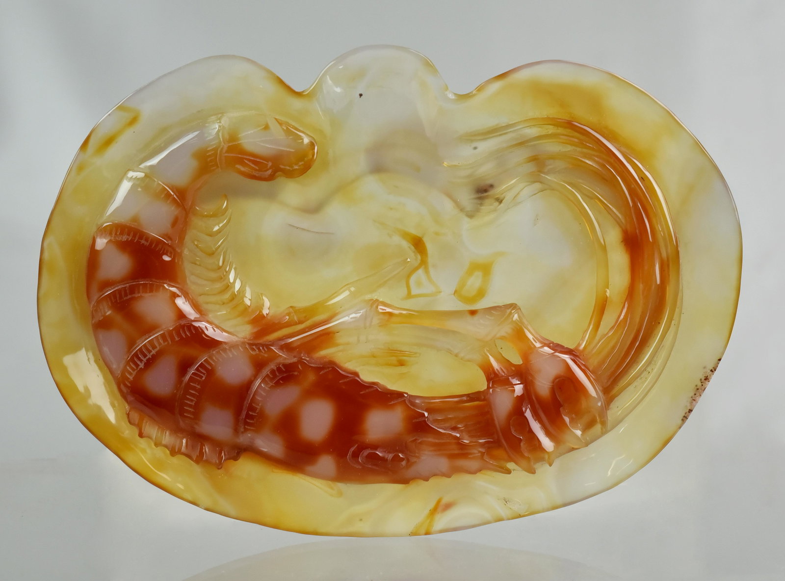 Chinese Carved Carnelian Shallow Bowl: Chinese carved carnelian shallow bowl w/prawn, 8-3/4" w, fitted box
