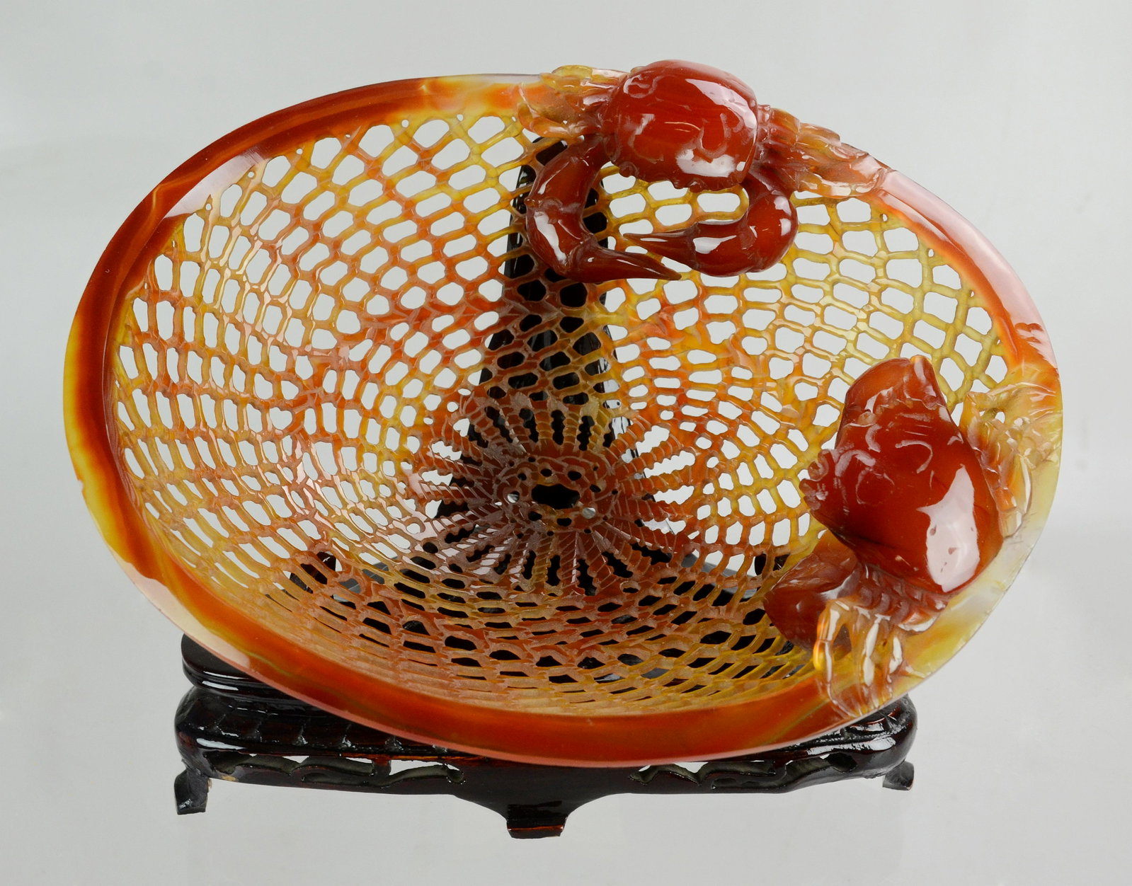 Chinese Carved Carnelian Reticulated Bowl w/Crabs: Chinese carved carnelian reticulated bowl w/crabs, 9-1/2" w, fitted box