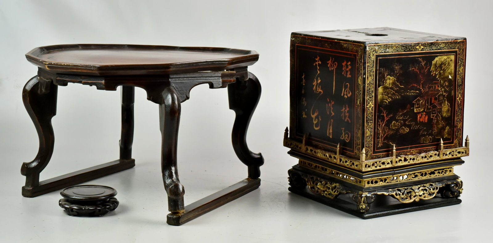 (3) Asian Pcs.: (3) Asian pcs. c/o Chinese lacquered box on stand w/scenes & calligraphy, Korean table (as is) and a small wooden stand (as is), tallest 12-1/2" h,