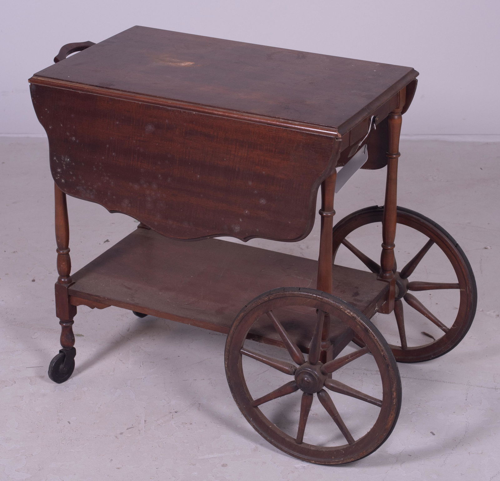 Early 20th C mahogany tea cart: Early 20th C mahogany tea cart, drawer in end, 25" l