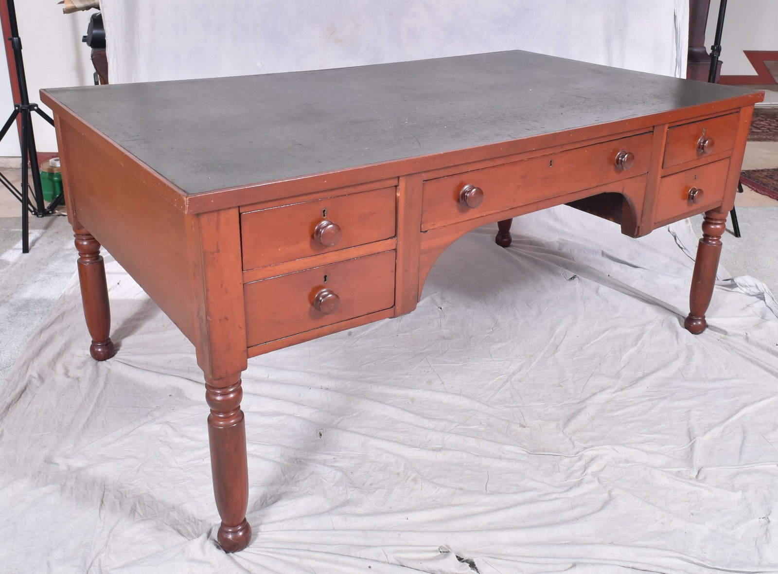 Cherry Sheraton partners desk: Cherry Sheraton partners desk, black leather covered top, each side with central drawer flanked by stack of 2 drawers, raised on turned legs, c 1835-45, 65" w x 38" d x 29-1/2" h