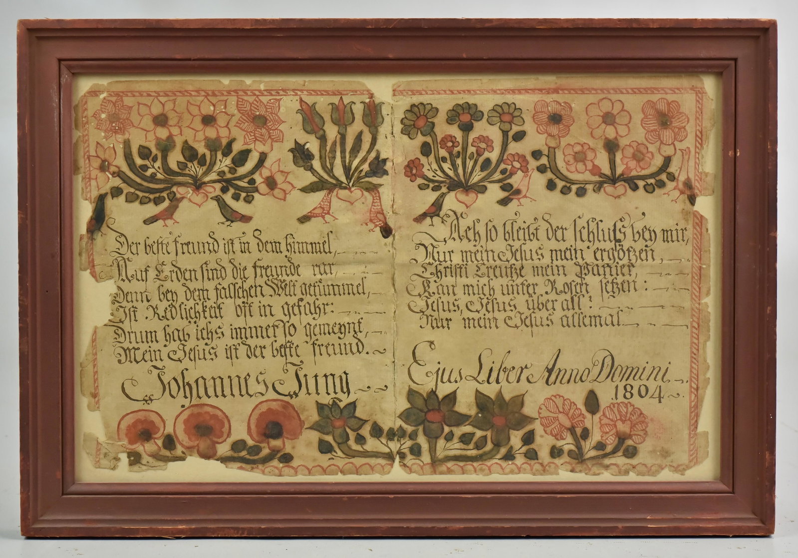 Johannes Jung 1804, Hymn Verse for "The Best Friend in: Johannes Jung 1804, Hymn Verse for "The Best Friend in the Sky", watercolor on paper, floral borders, stains, losses around edges, split on fold line, 8" x 12"