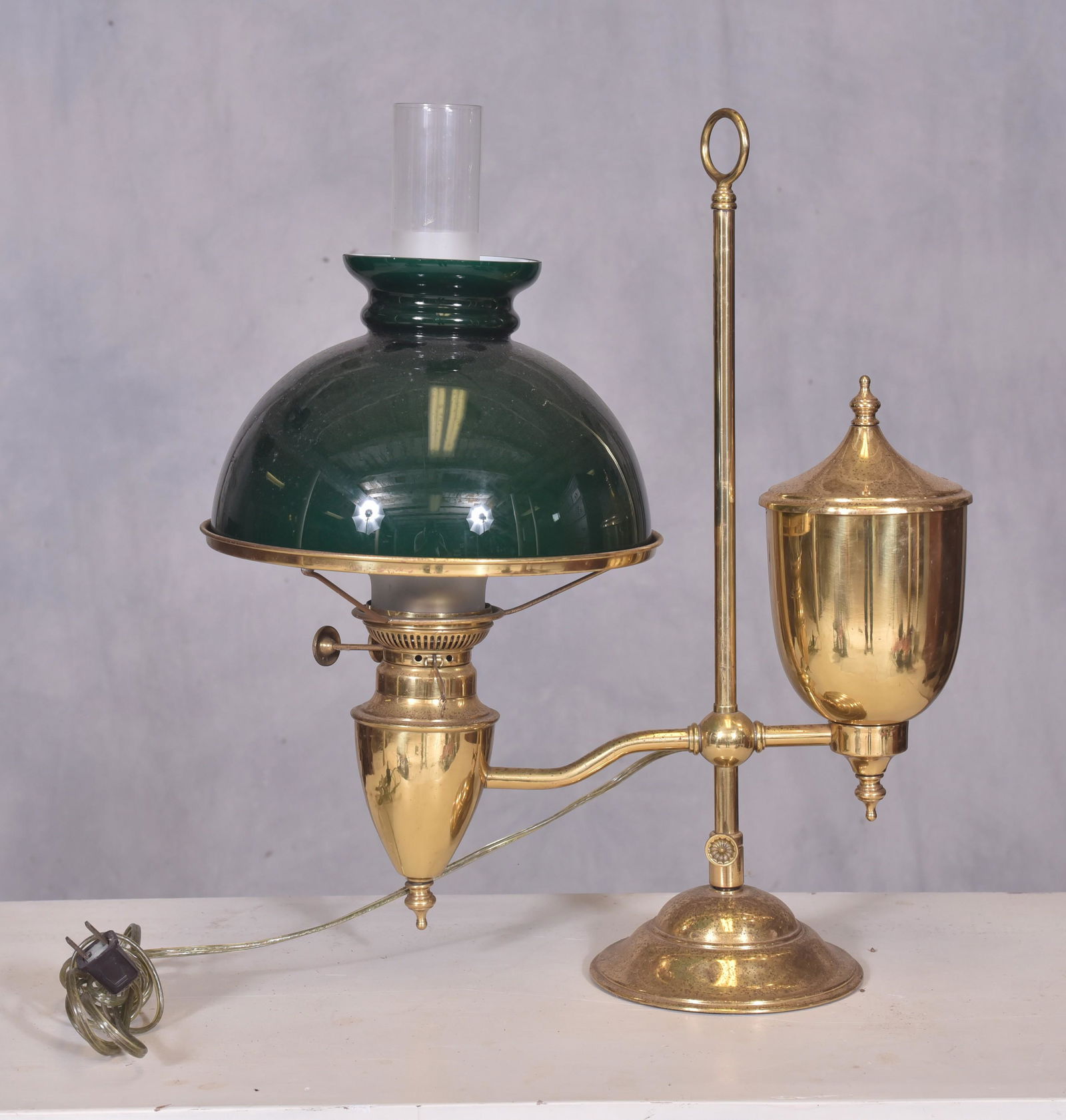 Single brass student lamp: Single brass student lamp, green cased glass shade, electrified, 20" h