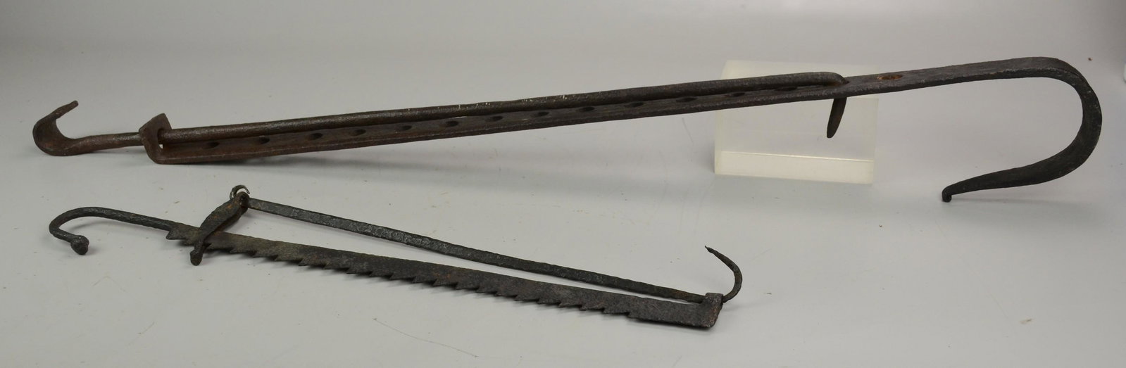 (2) Cast Iron Trammels (Longest 41-1/4" h): (2) Hand Wrought Iron Trammels (Longest 41-1/4" h)