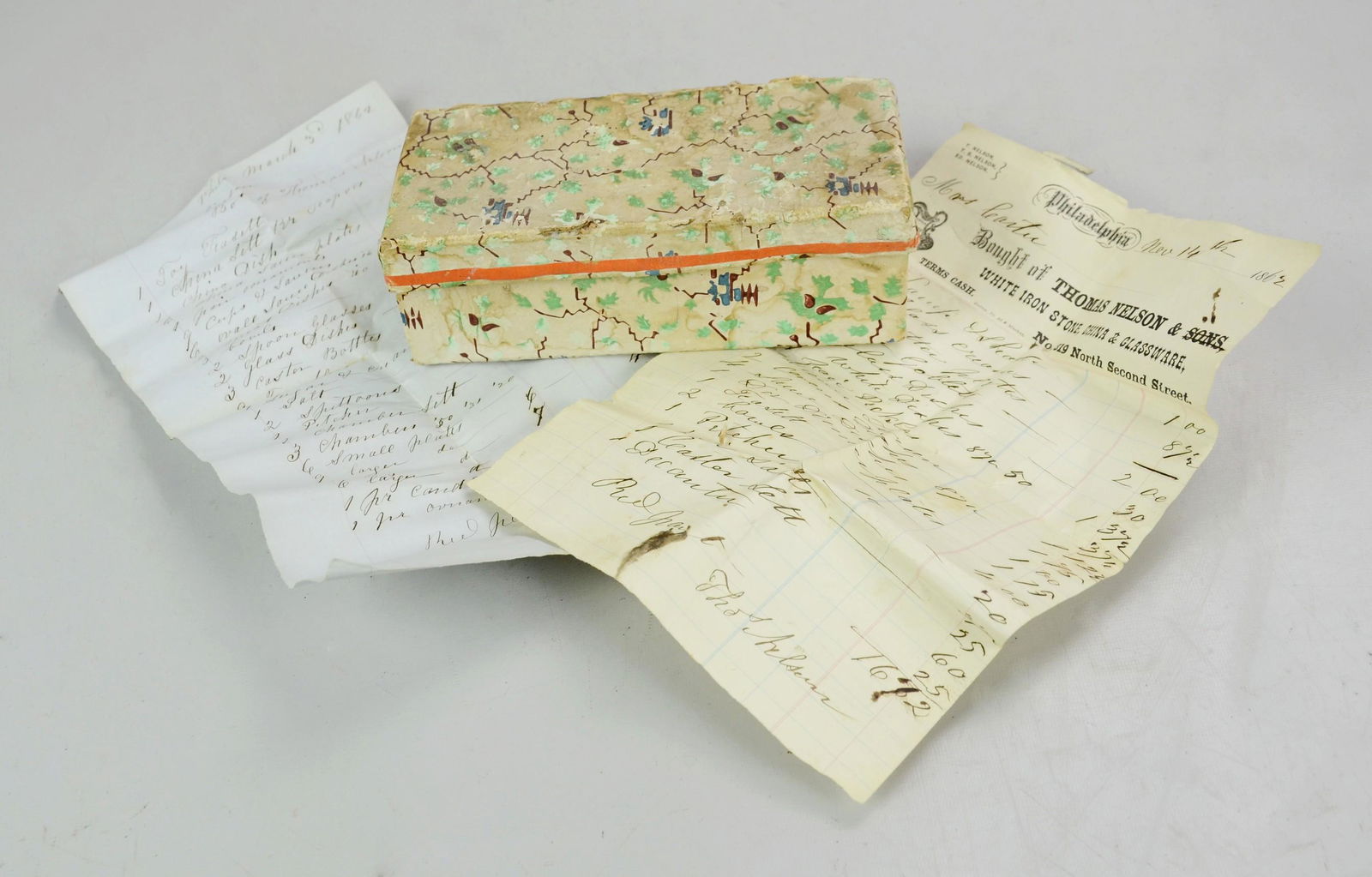 Hinged Wallpaper Box: Rectangular wallpaper box, hinged lid, with 2 bills of sale dated 1862, 6-7/8" x 3" x 2-1/4" h, wear, warping & staining