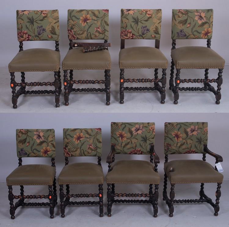 (8) William & Mary style dining chairs: (8) William & Mary style dining chairs, c/o 2 armchairs and 6 side chairs, floral upholstered backs green leather upholstered seats, armchair 37" h, seat height 22" h, armchair with damaged arm