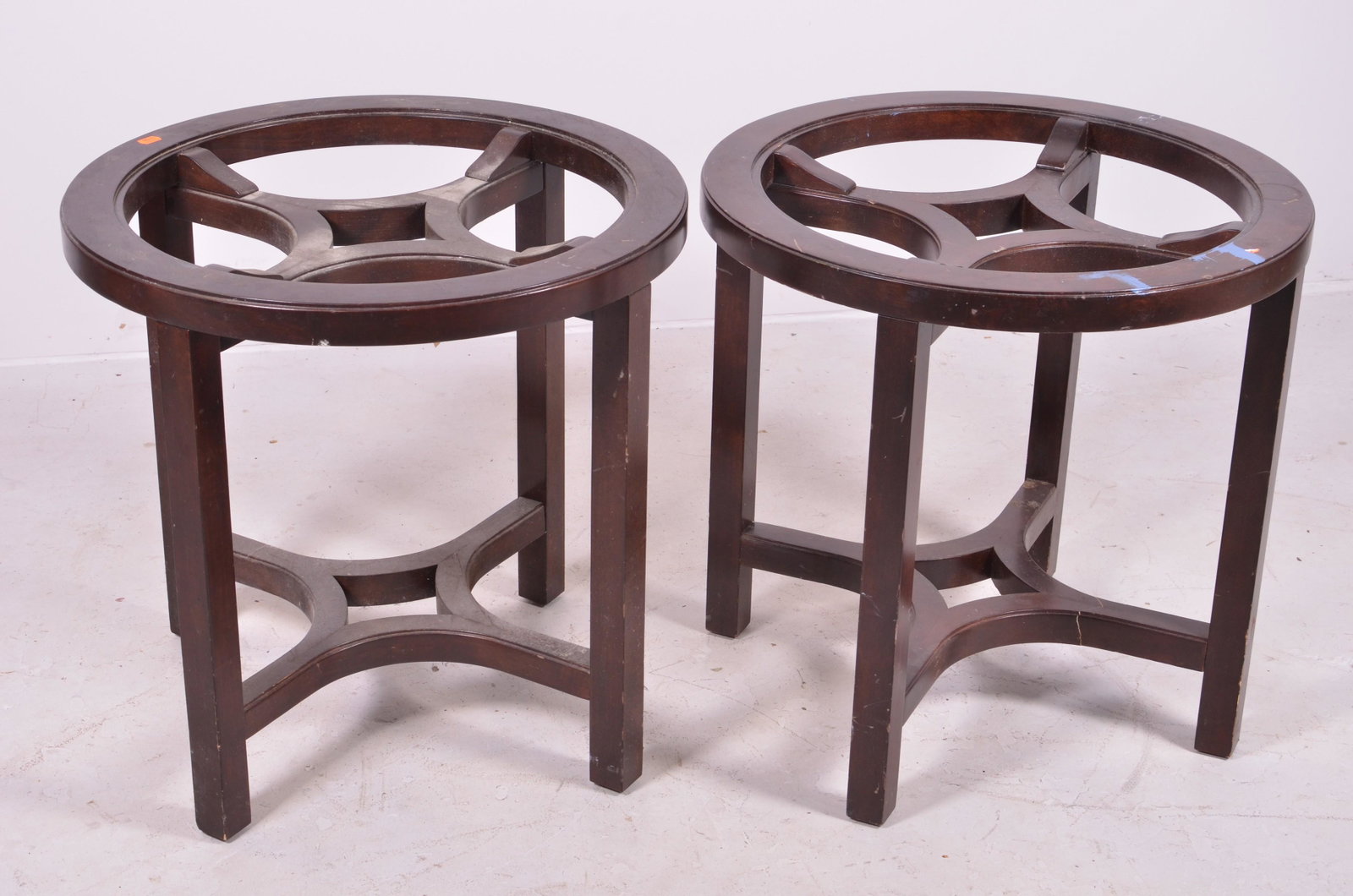 Pair Contemporary dark finished side tables: Pair Contemporary dark finished side tables, 25" h x 26" diam, wear and scratches, missing glass