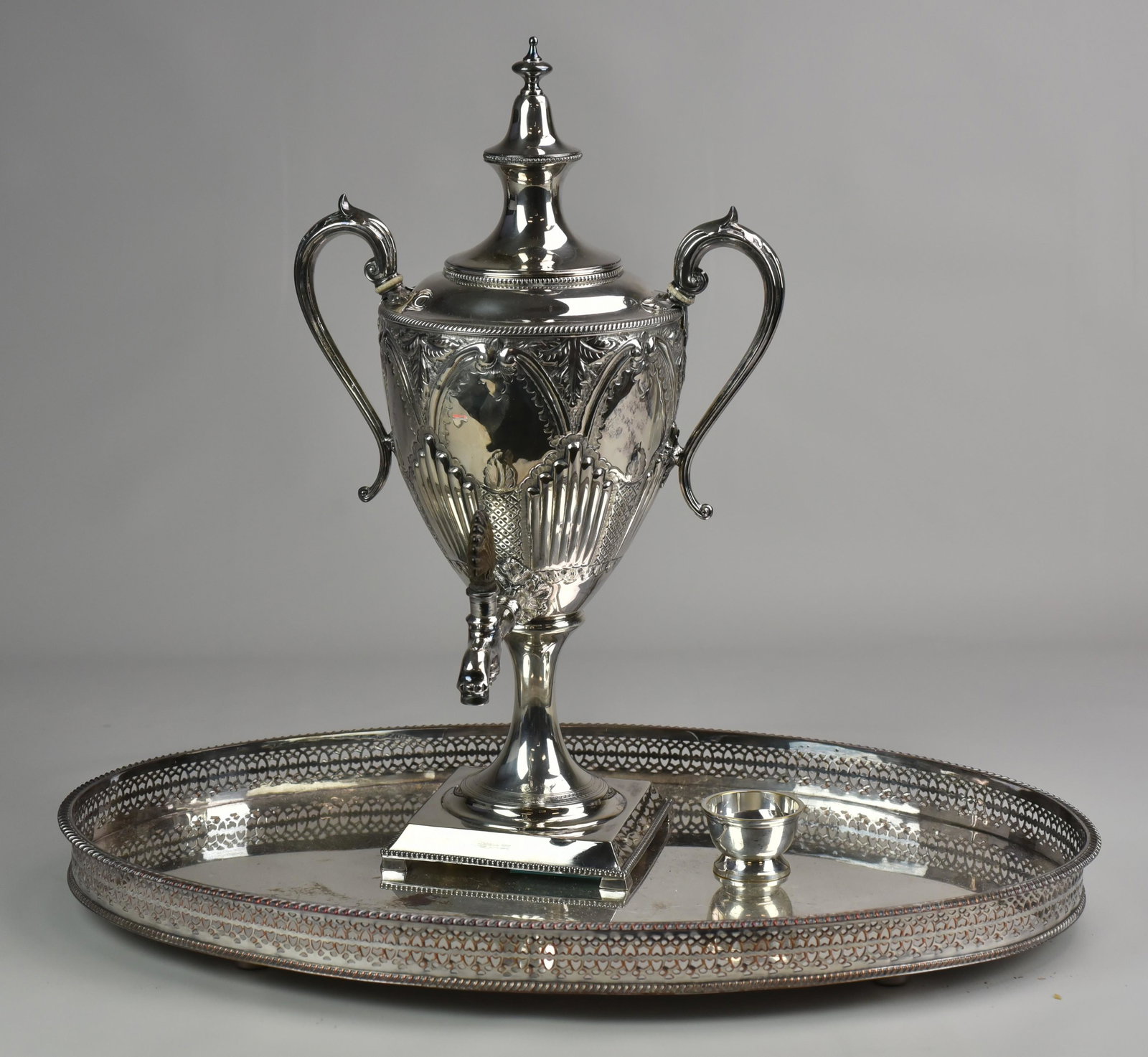 Silverplate Lot Including Samovar: Silverplate Including: Sheffield Oval Tray (22-1/4" l x 15" w), Ornate Samovar (18-1/2" h), Salt Cellar