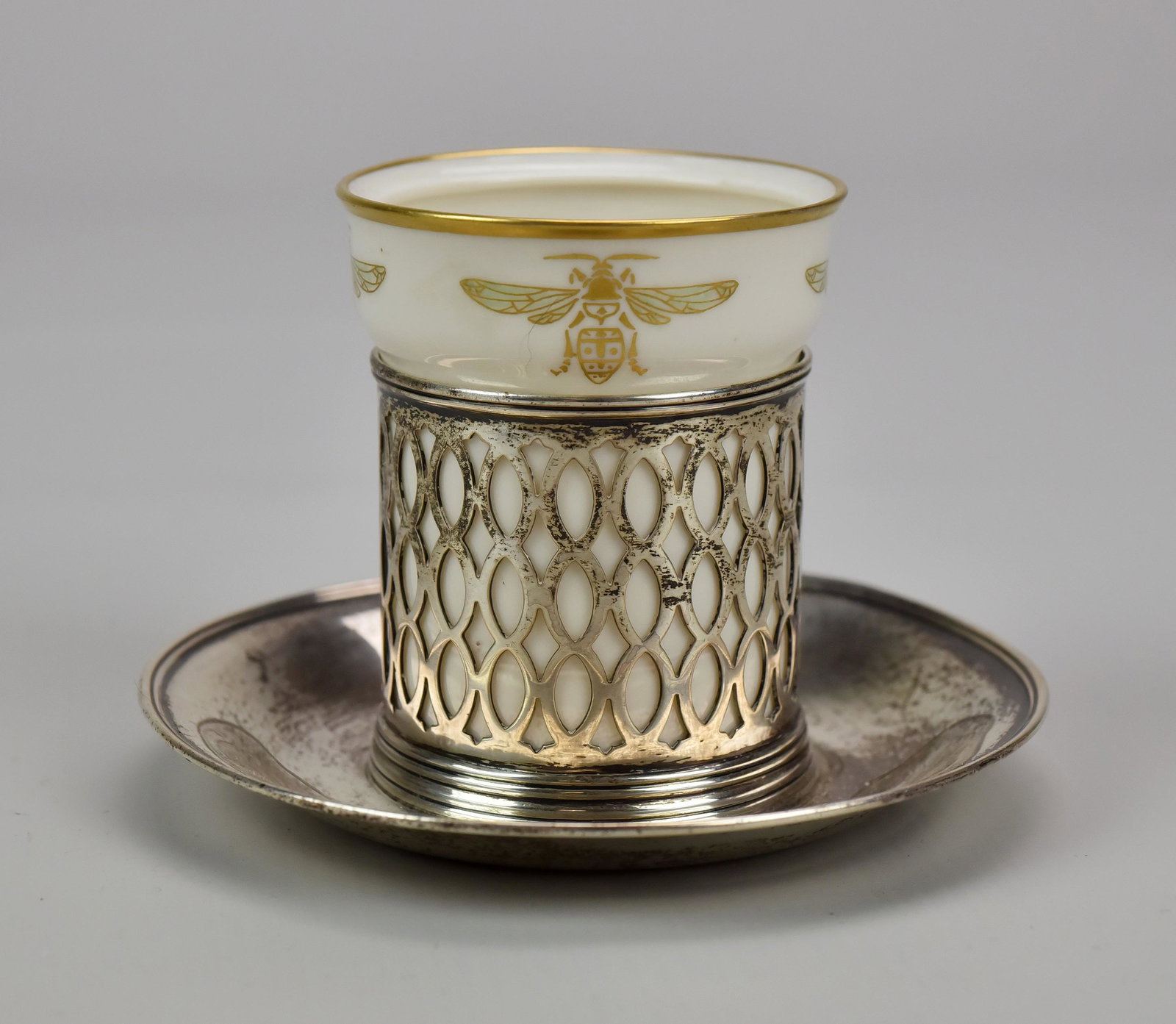 Tiffany & Co. and Lenox Honey Pot: Tiffany & Co. and Lenox Honey Pot with Sterling Silver latticed honey pot holder impressed Tiffany & Co. 17468 Makers 7675 Sterling Silver 925-1000 M on the base, and a ceramic insert decorated with b