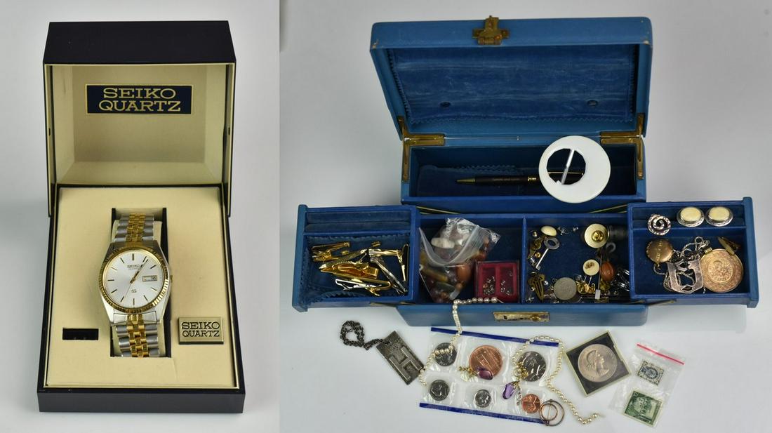 Gold Filled, Sterling Silver and Costume Jewelry, Watch: Gold Filled Jewelry Including: (2) Balfour Dupont Gold Filled Tie Clips, Amethyst Earrings, Semi Precious Stones with Gold Filled Clasp, Sterling Silver Chain with Pendant, Earrings, Costume Jewelry I