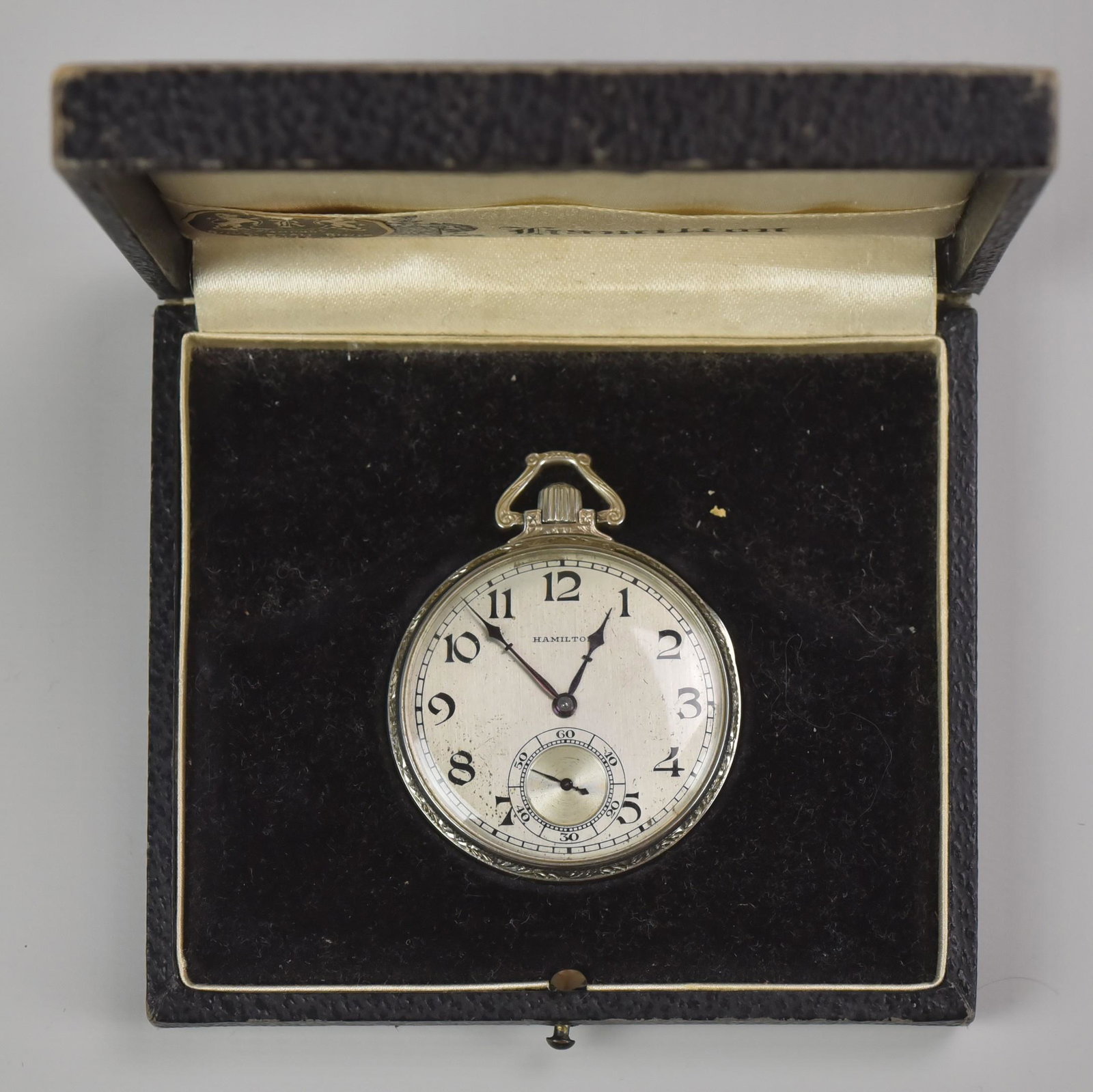 Hamilton 12S WGF open face pocket watch, 915: Hamilton 12S WGF open face pocket watch, 17j 915 movement, adj 3 pos, SN 3114067, c 1925, winds, not running, silvered dial with some spotting, original case