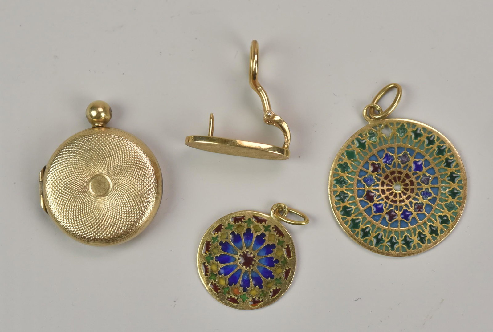 14K Gold Jewelry Including Locket: 14K Gold Jewelry Including: Locket, (2) Pendants with Colored Glass Decoration, One Earring, (5.8 Dwt Total Weight)