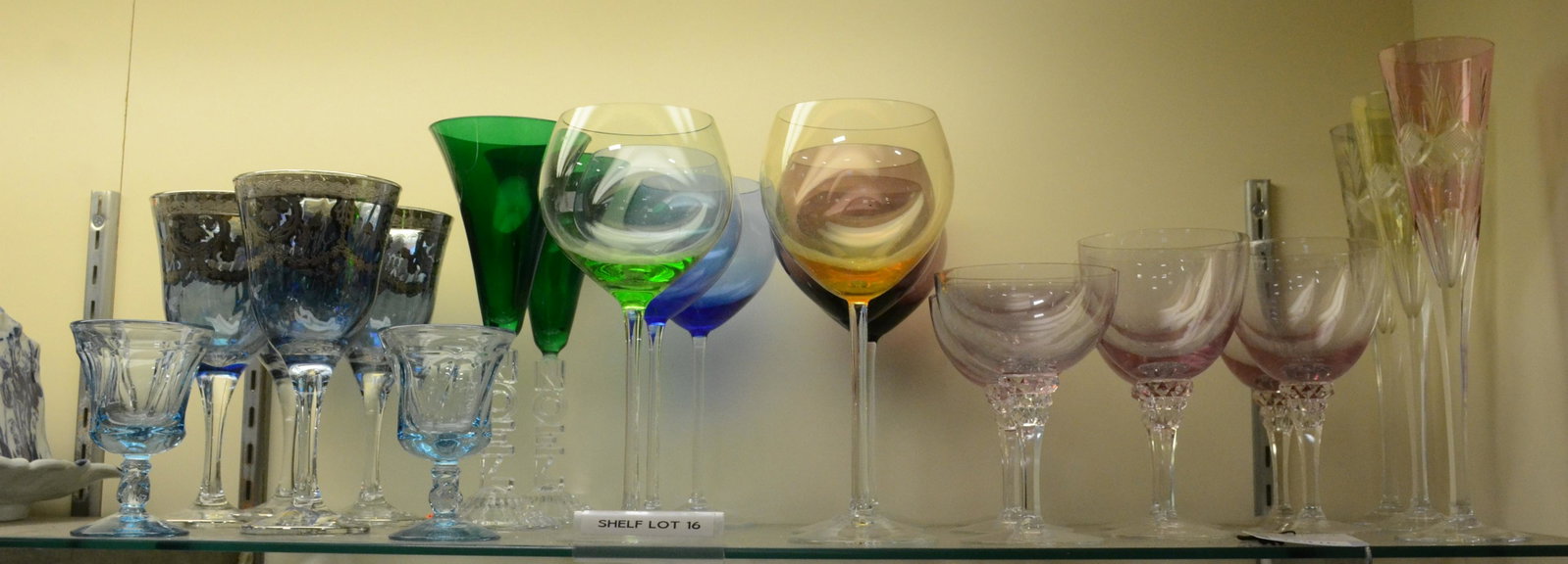 Shelf #16 - Colored Stemware Including Lenox: Shelf #16 - Colored stemware, including Lenox and silver overlay