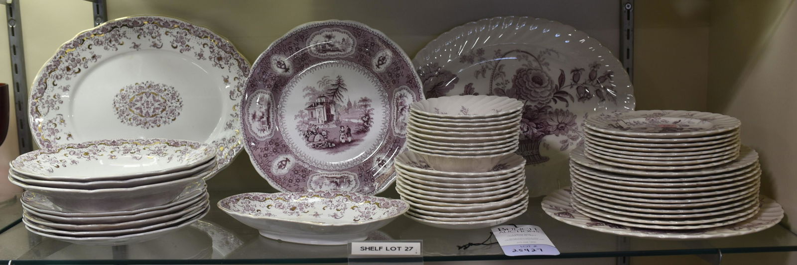 Shelf #27 - Mulberry Transferware: Shelf #27 - Mulberry transferware, including Clarice Cliff Charlotte, John Maddock & Sons Alhambra, Florentine China