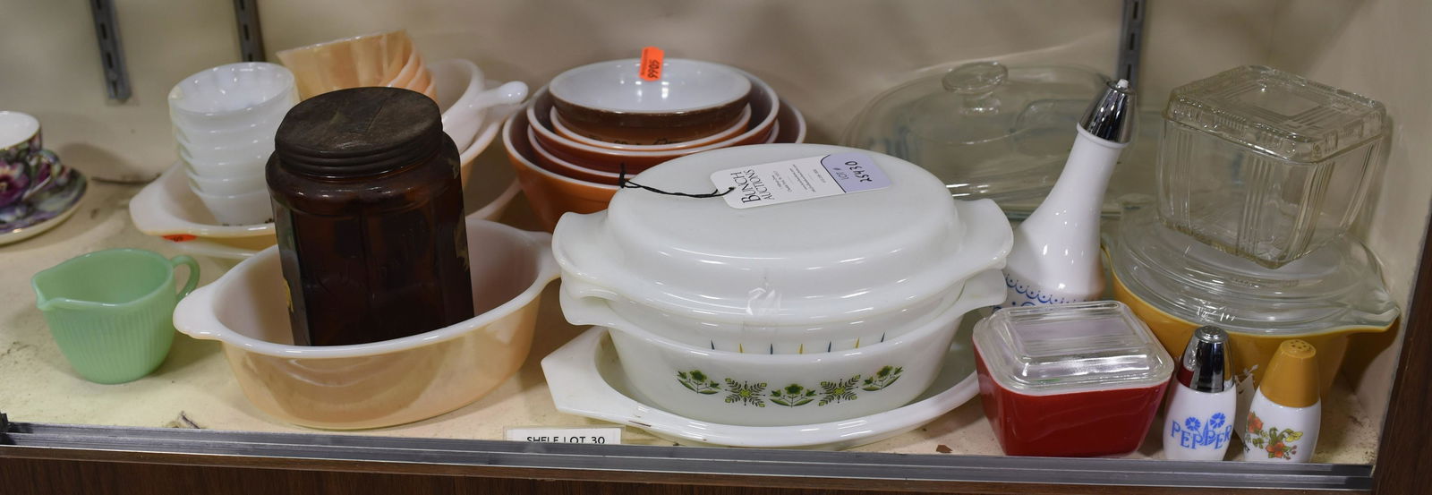 Shelf #30 - Kitchenware: Shelfr #30 - Kitchenware including Wm S Kimball & Co Rochester NY tobacco jar, Pyrex, Fire King, refrigerator jars, bowls, casseroles