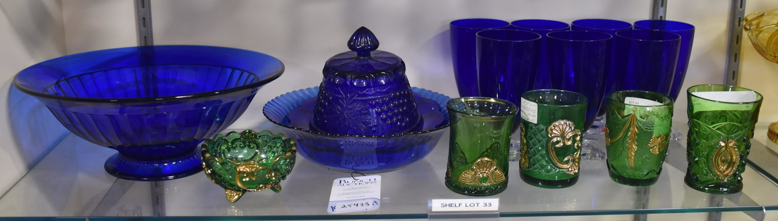 Shelf #33 - Colored Glass: Shelf #33 - Colored glass, including green with gold, cobalt, bowls, 7 parfaits