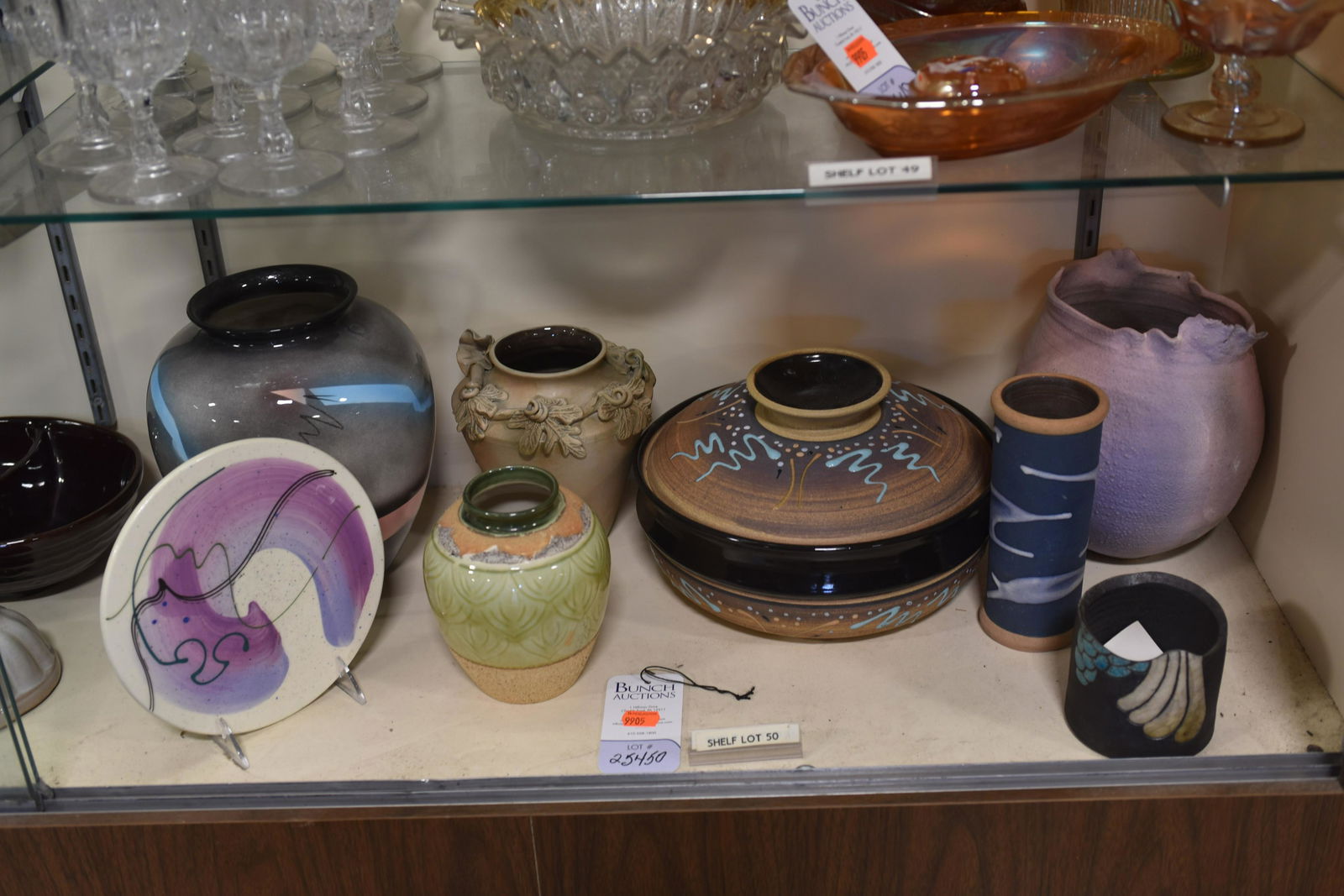 Shelf #50 - Art Pottery: Shelf #50 - Art Pottery, including covered casserole, vases, trivet