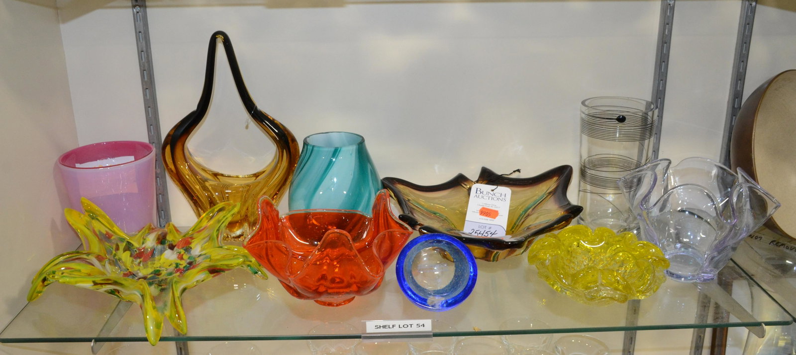 Shelf #54 - Art Glass: Shelf #54 - Art glass including handkerchief bowls, basket, vases