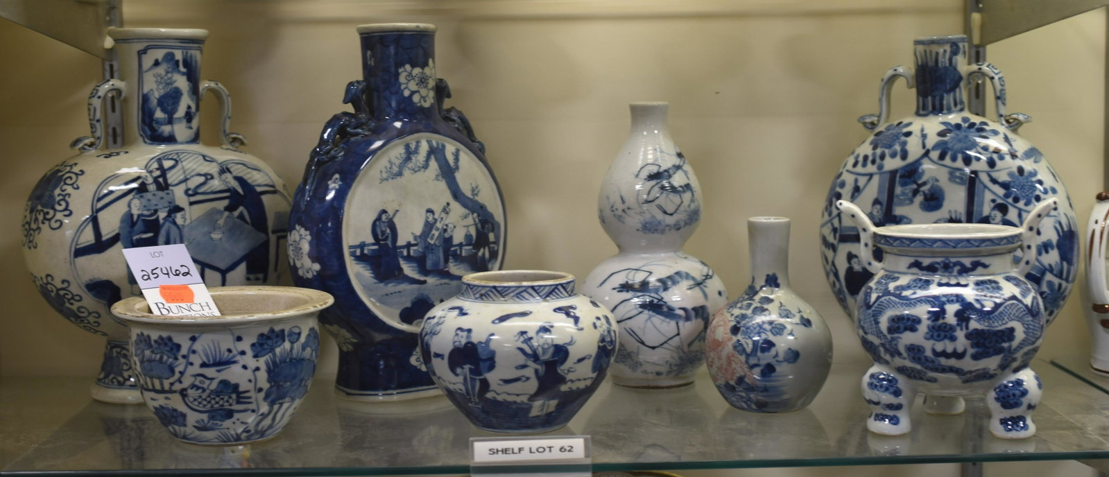 Shelf #62 - (8) Pcs. Chinese Blue & White Porcelain: Shelf #62 - (8) Pcs. Chinese blue & white porcelain: (3) moon flasks, censer, vase w/shrimp, vase w/underglaze red, vase w/figures, and planter (rim chip), all w/marks to base