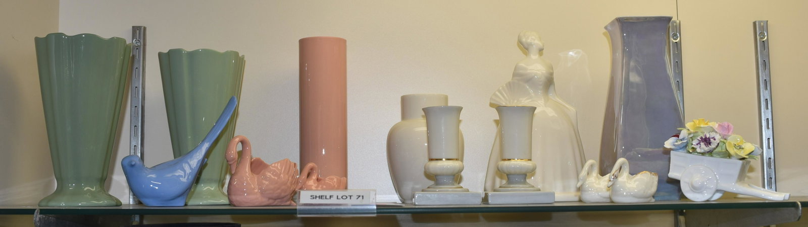 Shelf #71 - Lenox Grouping: Shelf #71 - Lenox Grouping c/o lavender lustre square vase, 8-1/2", (2) green fan vases,7", coral cylinder vase, 8", (2) coral swans, (2) cream swan salts, blue bird with tail up, female fan figurure 
