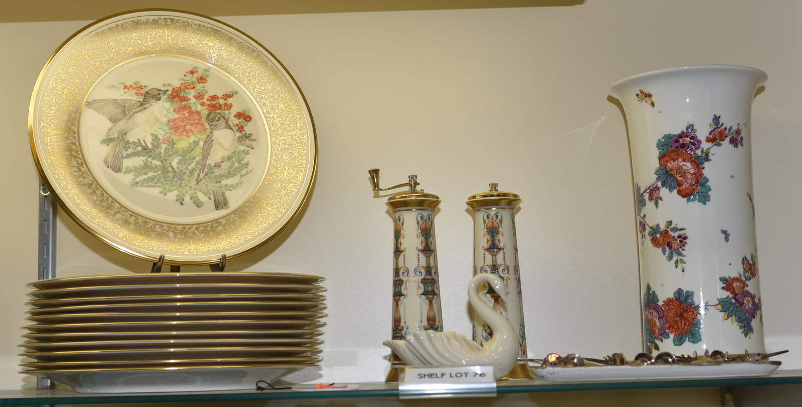 Shelf #76- Lenox Grouping: Shelf #76- Lenox grouping c/o (12) Boehm bird plates with gilt edge, 10", Lenox S&P, 7" h, Lenox Saxony vase, 11", Lenox swan and (12) Sheffield silver plate and faux horn corn handles.