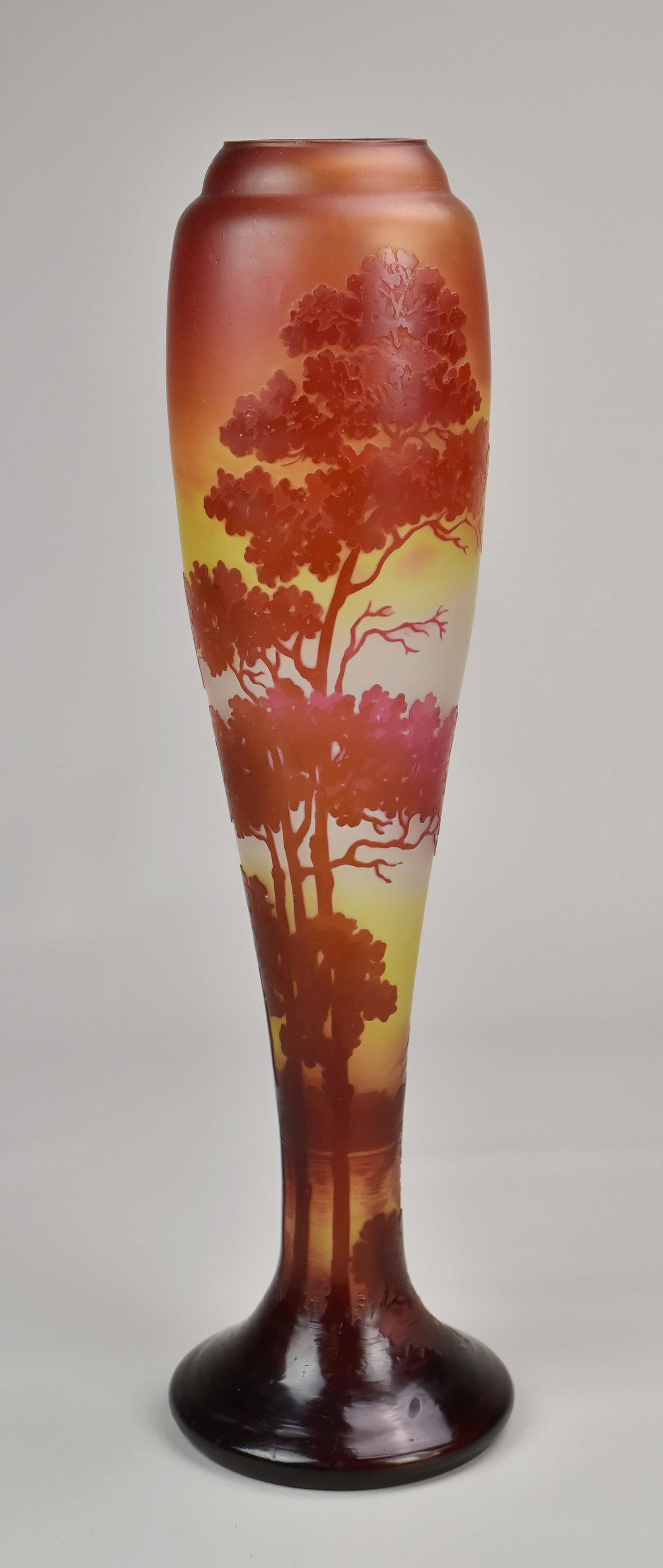 Cameo Glass Vase Signed Rene: Cameo glass vase, signed "Rene", 20th C, landscape with trees, 18-3/4" h x 4" dia, a few small chips at rim