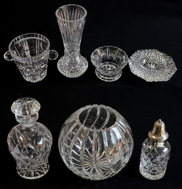(7) Piece Crystal Grouping: (7) Piece crystal grouping c/o rose bowl, 6", tulip vase, 10" etched floral decanter with chipped stopper, 8", Stuart shaker, 6", ice bucket, 5.5", cut bowl, 5" diam and ash tray with chip, 7"